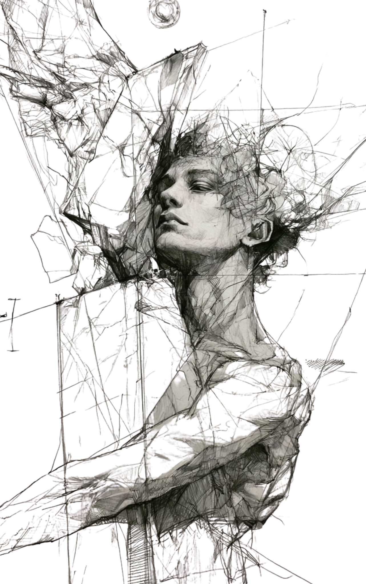 Expressive pencil drawing of a woman emerging through intersecting lines